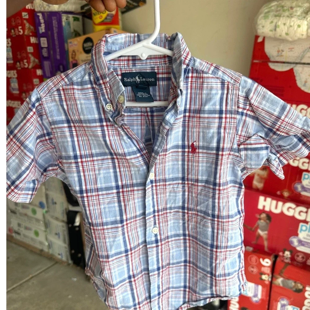 Ralph Lauren Toddler Boys Size 3T Blue Red Plaid Short Sleeve Button Down Shirt